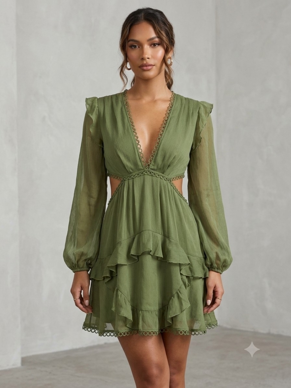 ASOS Olive Green Cutout Ruffle V-Neck Mini Dress